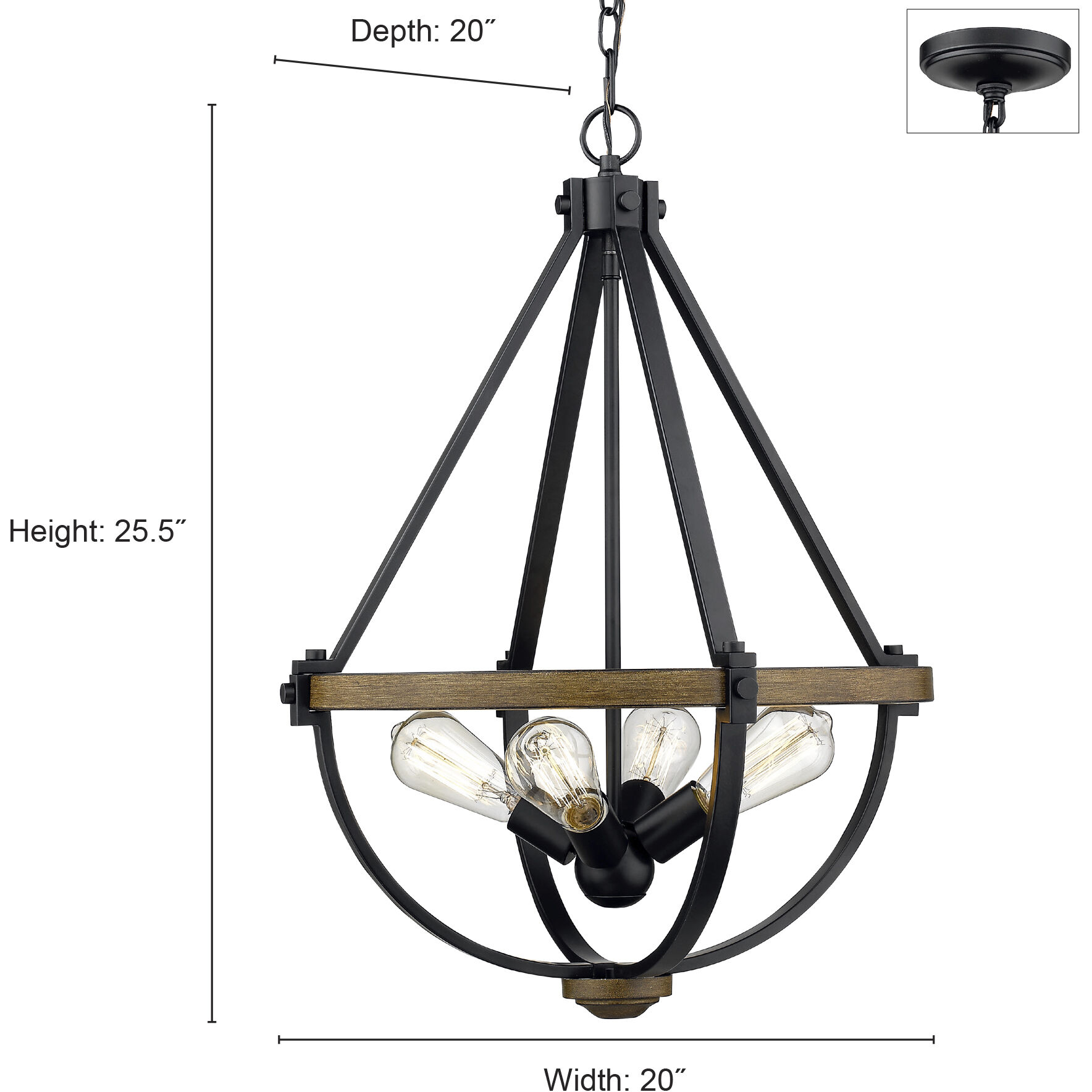 Ellijay 4 Light 20 inch Matte Black/Wood Tone Indoor Pendant Ceiling Light